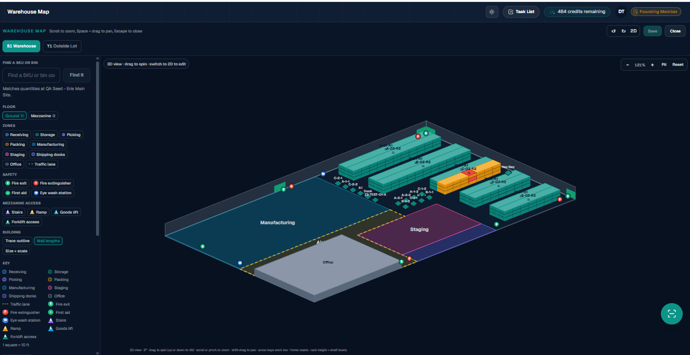 Demo data shown. LanePilot's Warehouse Map in 3D view: a warehouse floor with teal rack rows, one rack highlighted orange and red as a search match, zones labeled Manufacturing, Staging and Office, and readable bin codes on the racks. A left panel carries a find a SKU or bin search, floor and zone filters, safety and mezzanine markers and a key, with a tab for a second location, Y1 Outside Lot.